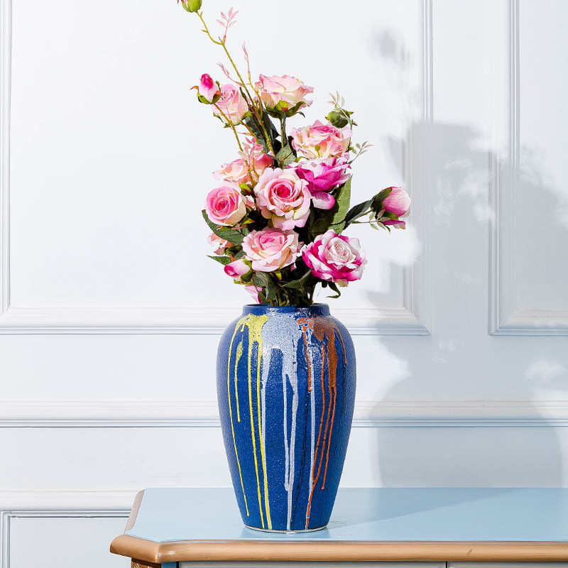 景德镇陶瓷器粗欧式复古做旧台面花瓶家居客厅装饰 陶瓷三件套