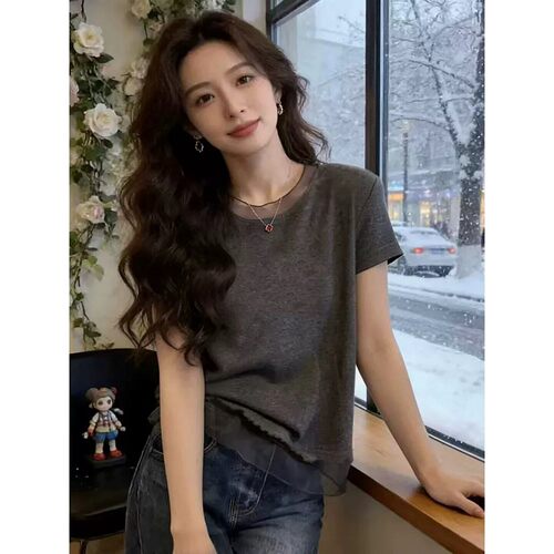 韩国设计感正肩纯棉圆领短袖T恤女韩版时尚洋派显瘦上衣春夏季潮