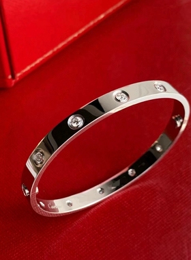 公价14.1万】99新卡地亚LOVE经典款白金十钻手镯宽版B6070417正品