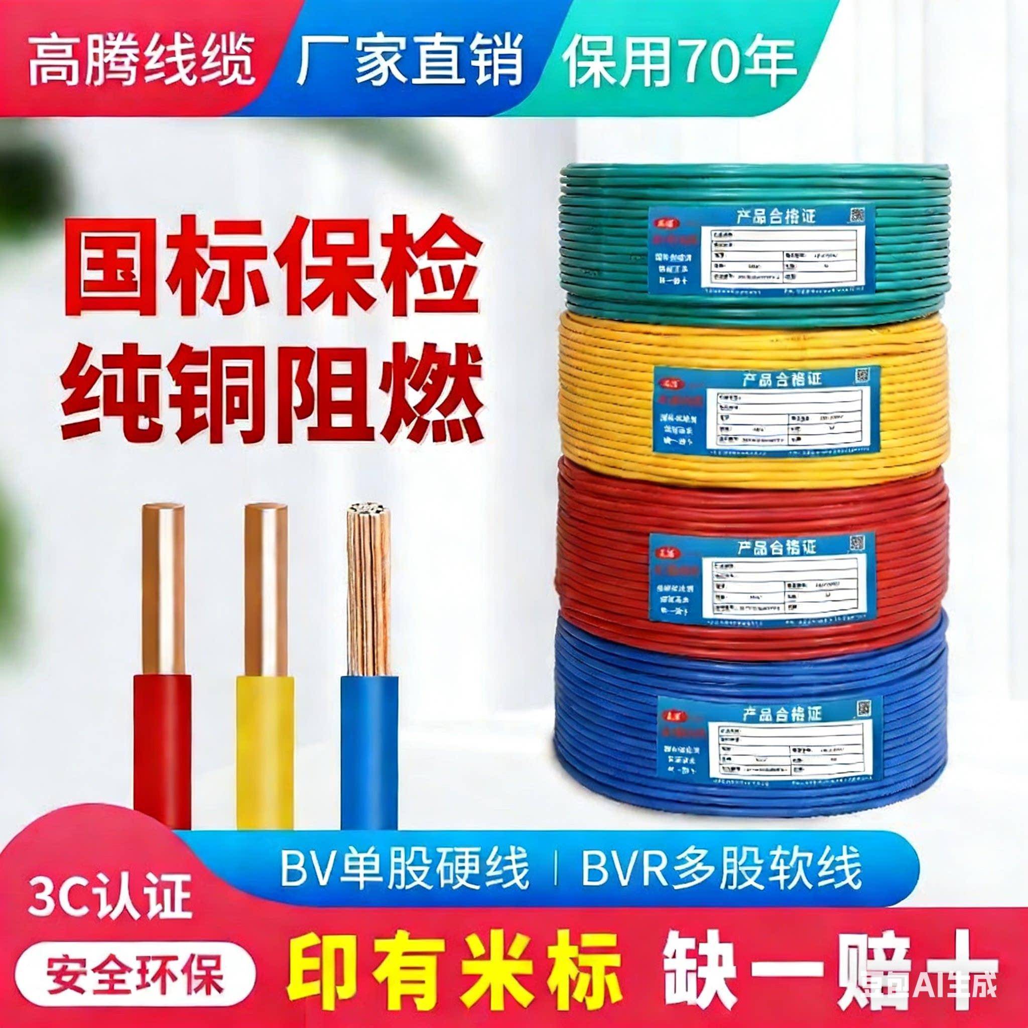 高腾电线国标家用家装BV1.5/2.5/4/6/10平方铜线铜芯单芯软硬电线