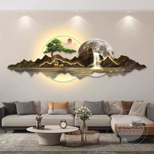 轻奢led带灯迎客松客厅装饰画沙发背景墙挂画简约现代高级感灯画