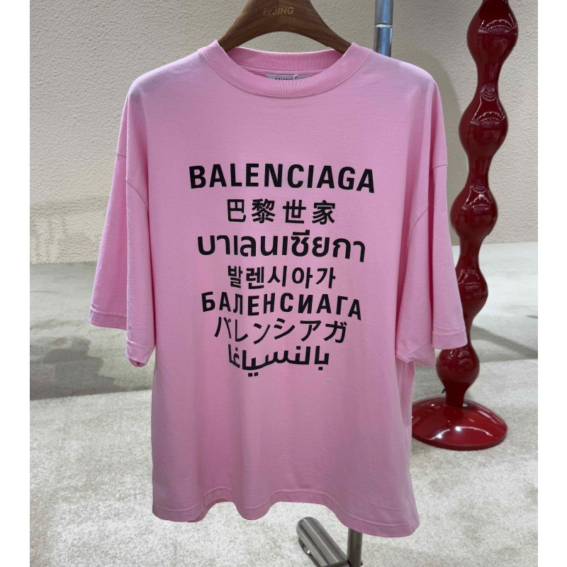 [全新]Balenciaga巴黎世家Logo多国语言印花短袖常规T恤粉色S码