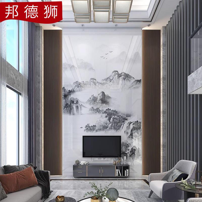 别墅挑空客厅复式楼岩板电视背景墙现代仿大理石瓷砖楼中楼新中式