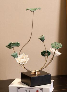 荷花摆件陶瓷家居客厅酒柜禅意莲花电视柜桌新中式乔迁礼物装饰品