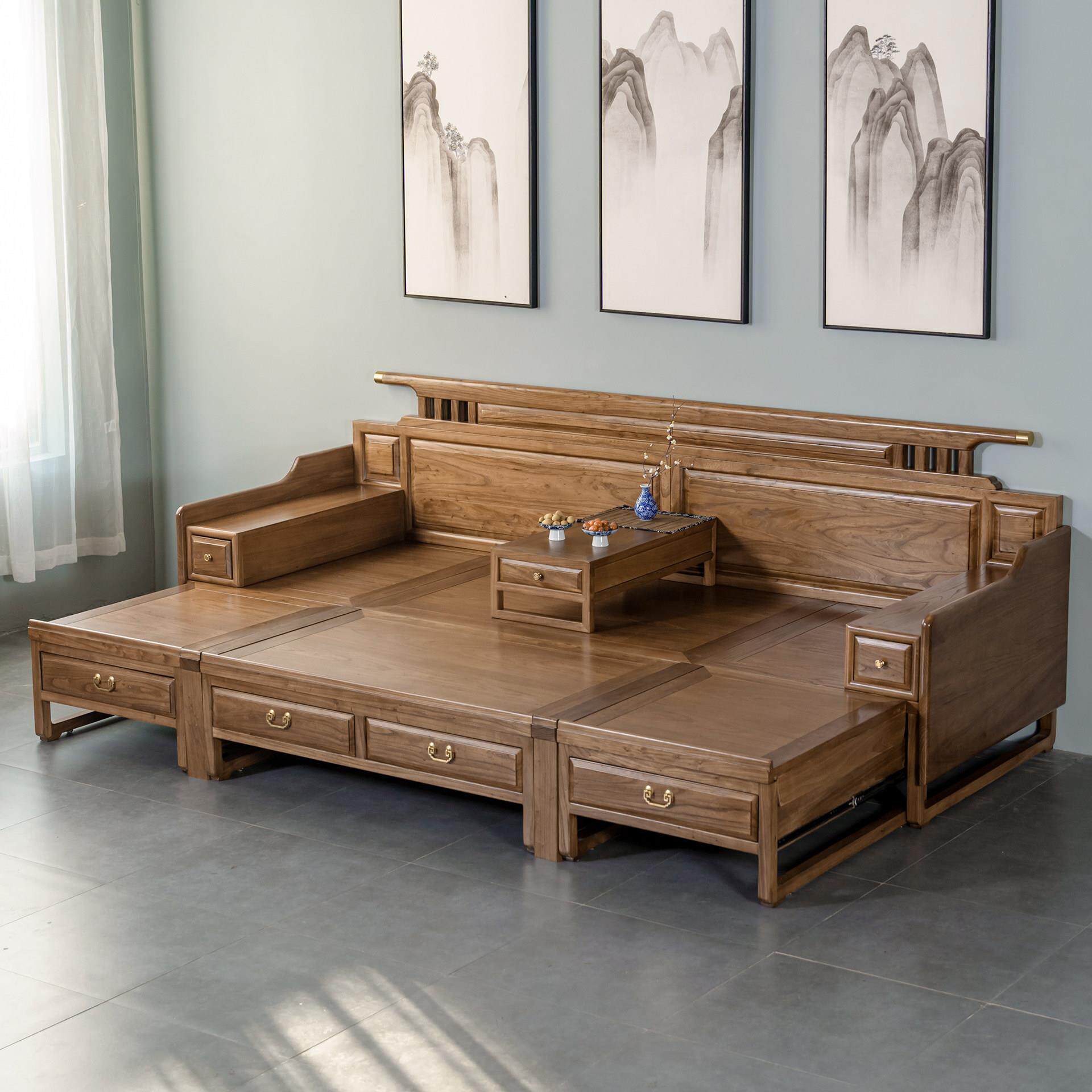 罗汉床新中式推拉平面板实木沙发卧榻大小户型客厅多功能四季通用