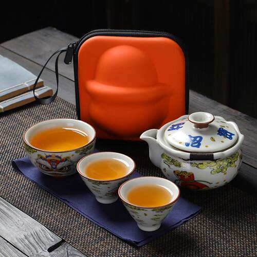 国潮醒狮陶瓷可携式旅行茶具小套装快客杯一壶三杯外出露营手抓壶