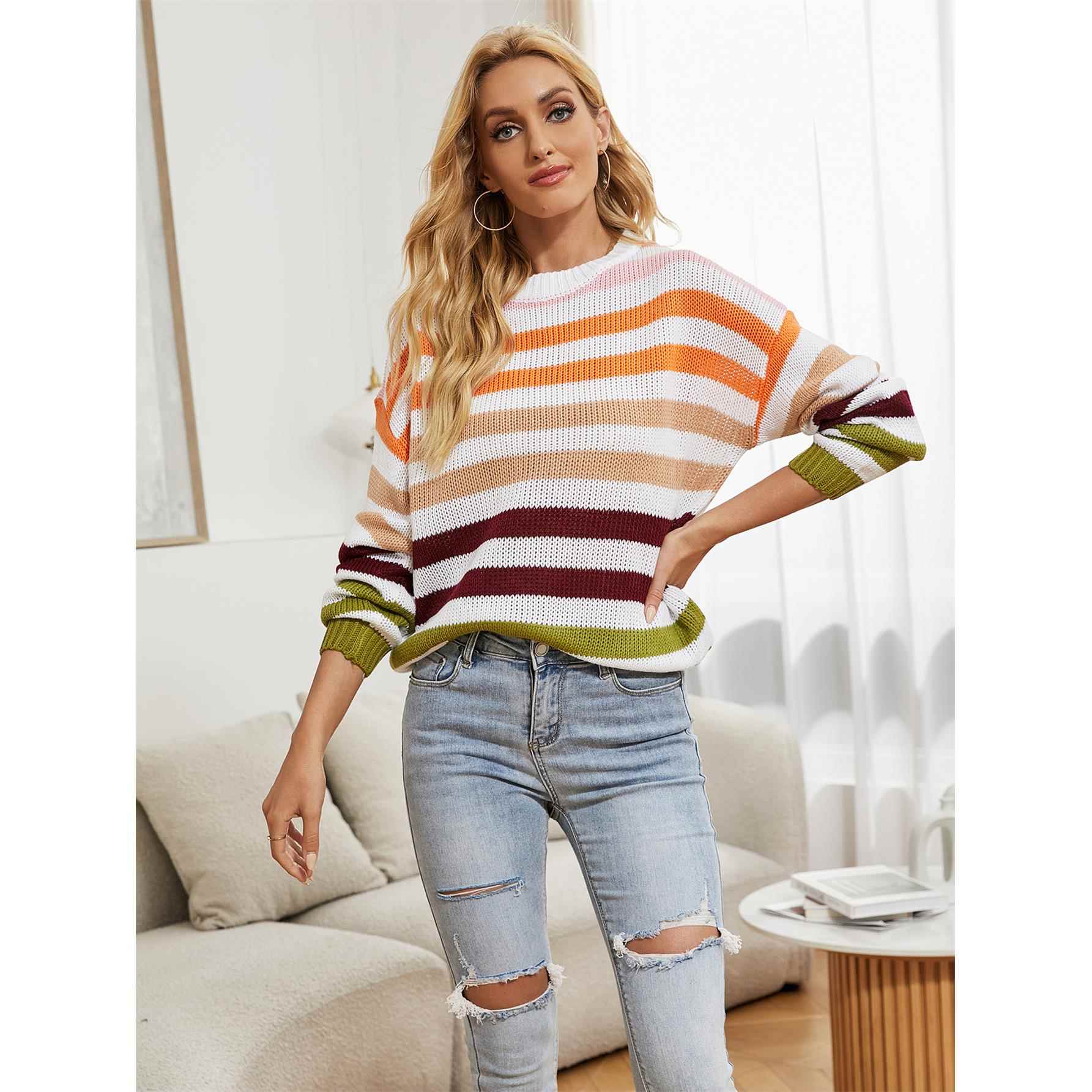 round rainbow contrast sweater pullover striped Womens neck