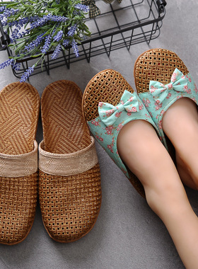 夏季亚草情侣凉拖鞋男居家居室内防滑厚底地板亚麻拖鞋女藤草拖鞋