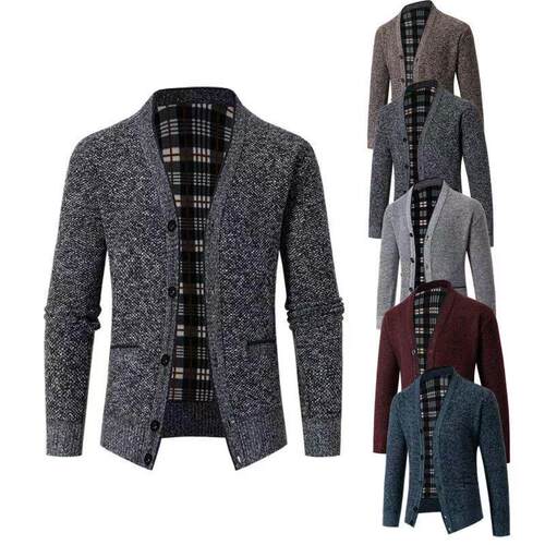 Men Floral Jacquard V Neck Cardigan Sweater Plaid Lining