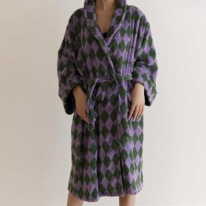 新款复古菱形格长绒棉浴袍  酒店简约毛巾料家居服成人女浴袍