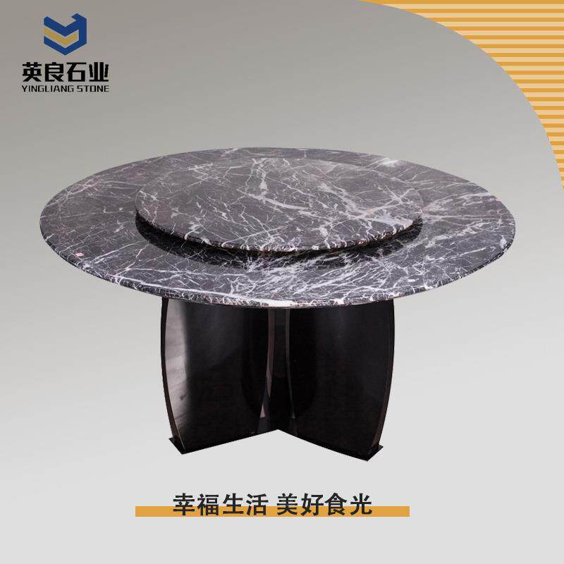 简约天然大理石餐桌带转盘客厅家用别墅金镶玉奢石餐台大圆桌饭桌