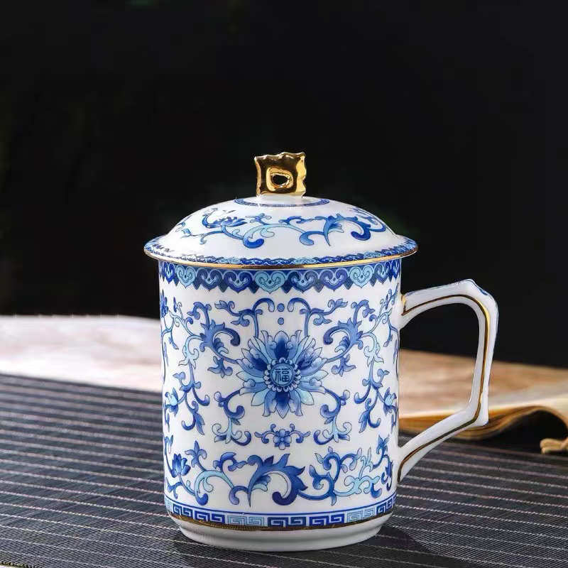 活动大容量陶过滤家用杯陶瓷景德镇礼品茶杯办公瓷杯批发青花手工