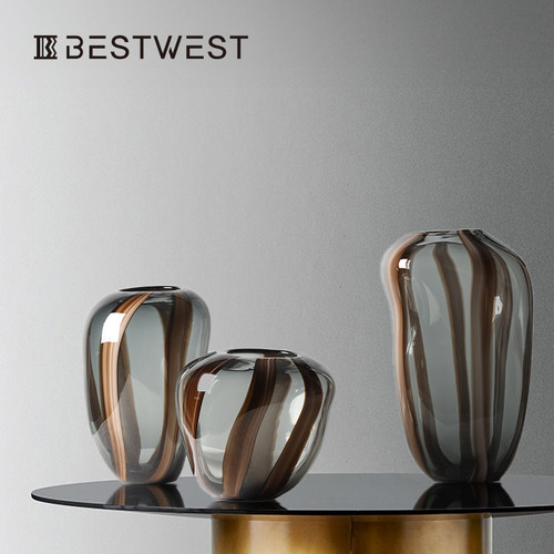 博西家居 彩色条纹异形水培玻璃花瓶样板间花器软装饰品花器