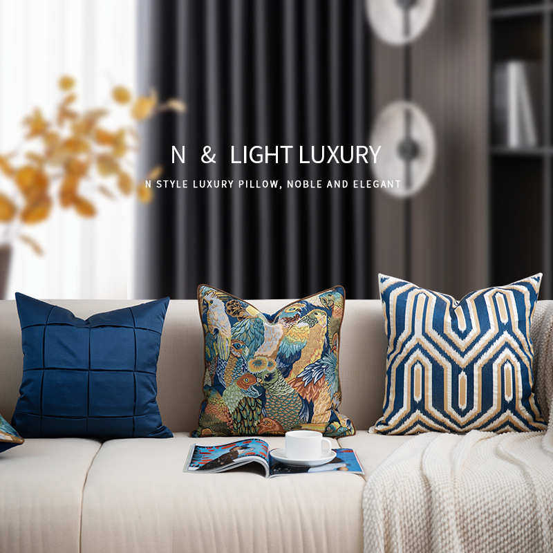 美式客厅沙发蓝色抱枕酒店别墅靠垫腰枕套软装设计样板间床头方枕