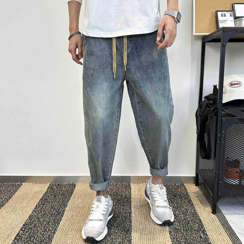 25年春夏裤子男款牛仔裤宽松哈伦裤松紧腰罗卜裤阔腿九分烟管裤