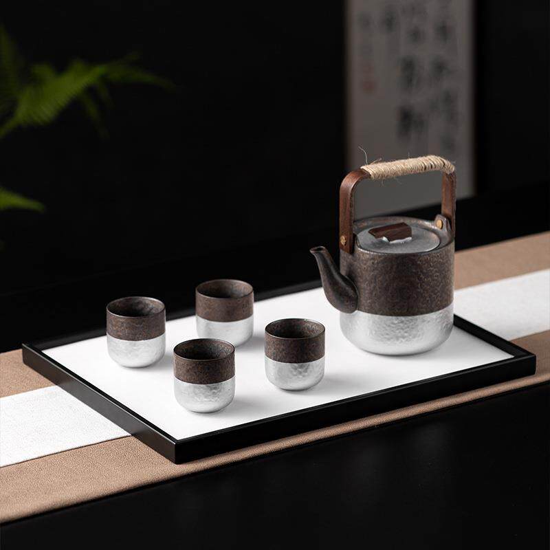 新中式鎏银茶具茶盘托盘组合摆件茶道茶室茶几样板间装饰软装搭配