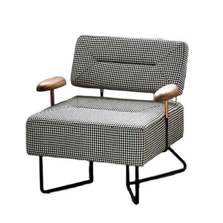 北欧单人沙发子轻奢千鸟格布艺沙发客厅胡桃木阳台休闲方糖椅