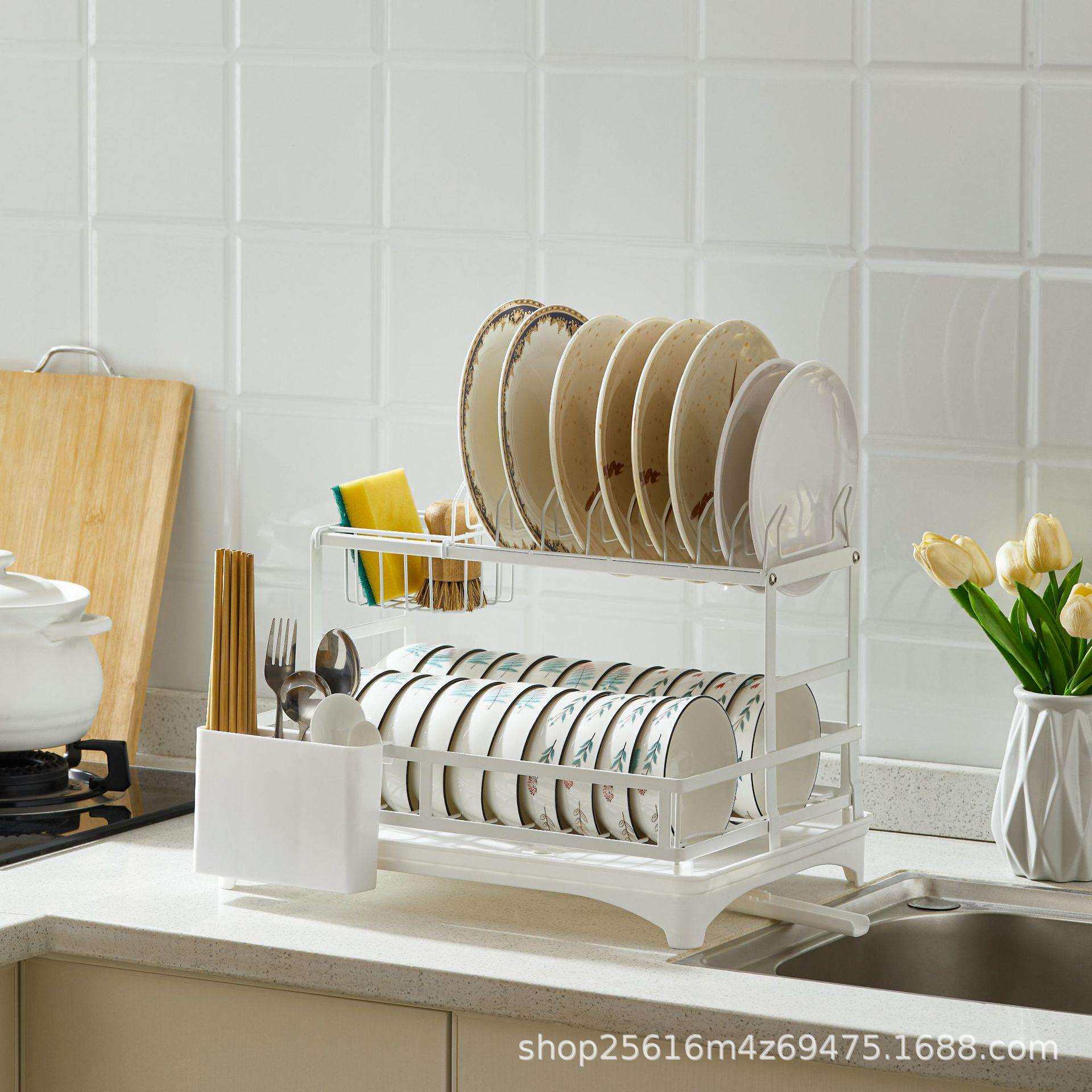 跨境可拆卸铁艺收纳架 厨房带筷子笼接水盘水槽沥水架 碗碟置物架