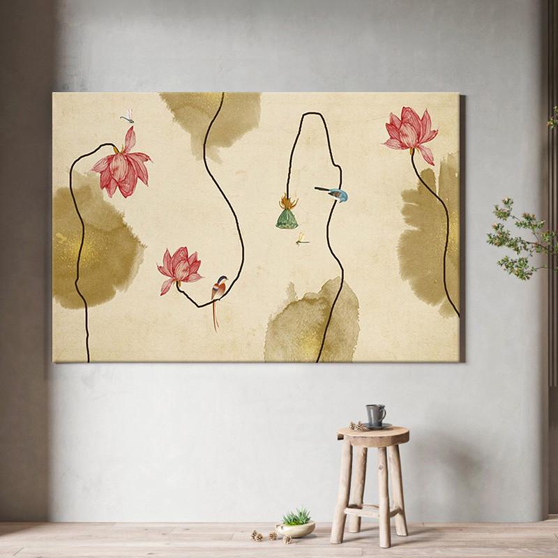 荷花翠鸟纯手绘油画侘寂风玄关装饰画客厅抽象禅意新中式丙烯挂画图片
