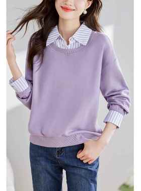 Canary Kiss假两件紫色圆领卫衣女2025春秋新款宽松减龄休闲上衣