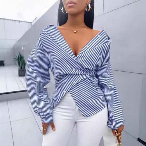 Women's Striped Print Button Front Collared Casual Shirt
