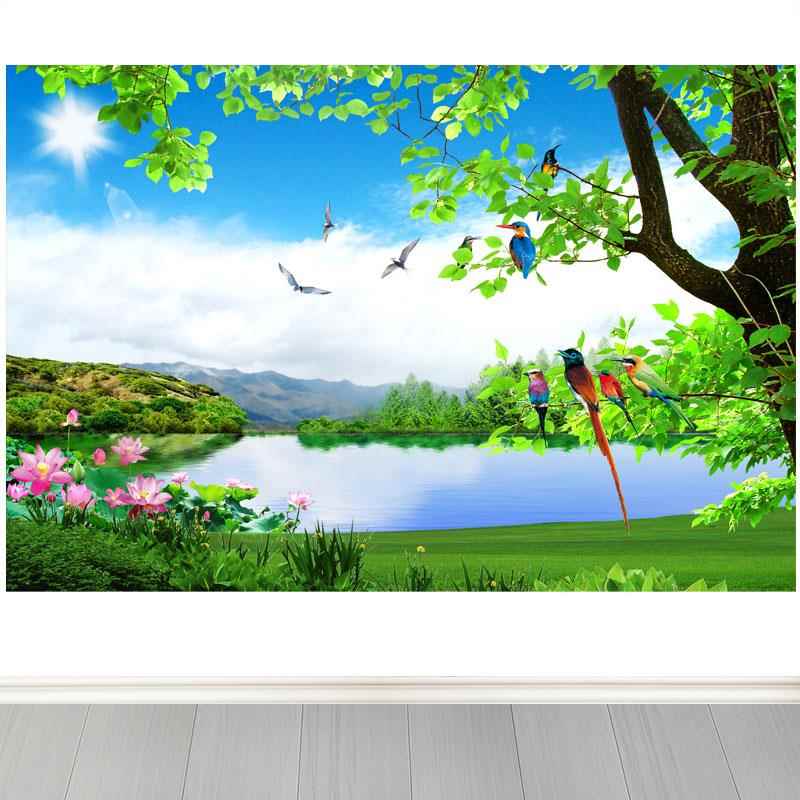 湖泊山水画客厅沙发背景墙海报自粘贴纸装饰画大树小鸟蓝天白云画图片