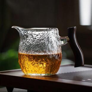 日式加厚锤纹玻璃公道杯高档分茶器带手柄木把茶海单个大容量茶杯