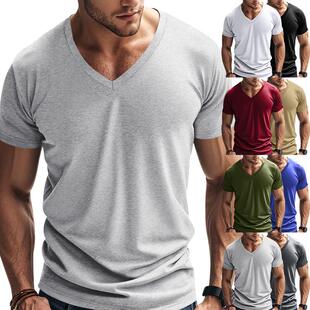 Mens Solid V Neck Short Sleeve Sports Tee Gym Workout Shirt
