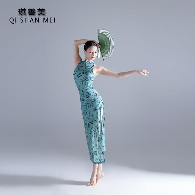 古典舞服装女国风改良修身长版无袖旗袍中国风弹力舞蹈旗袍演出服