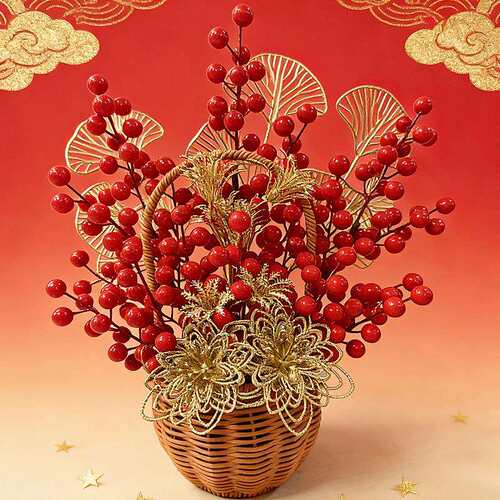 新年发财果摆件冬青红果仿真花装饰年宵花福桶银杏叶发财果花篮