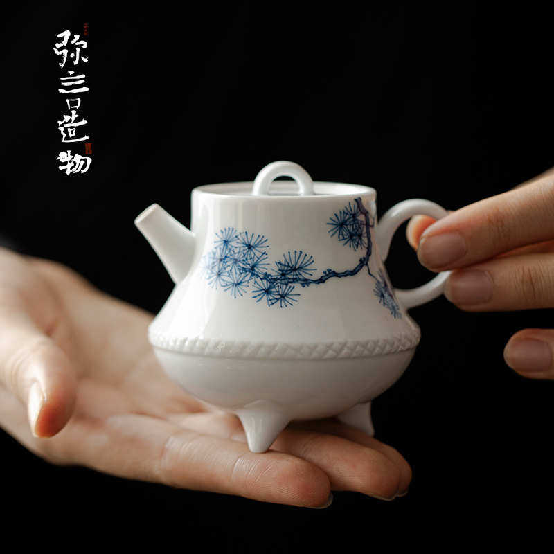 弥言三足鼎茶壶白瓷手绘松风泡茶壶单壶带过滤球孔功夫茶具手抓壶,餐饮具,茶壶,淘宝优惠券,粉丝福利购,淘宝优惠卷