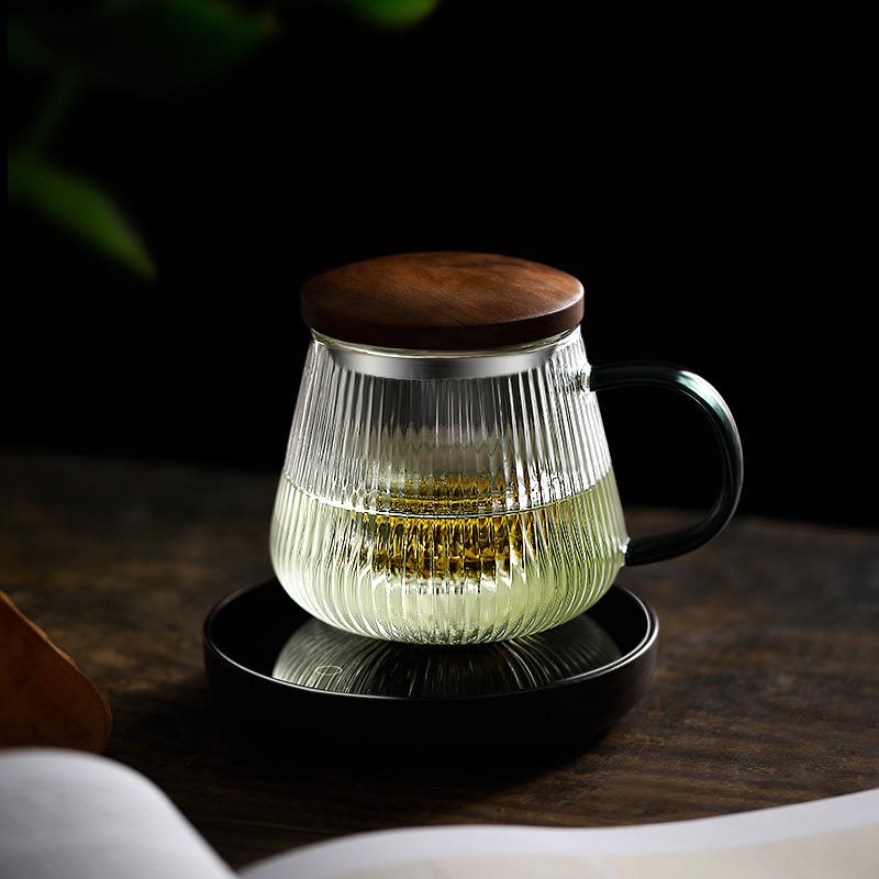 竖纹加厚玻璃杯泡茶杯茶水分离复古木盖玻璃杯带把三件杯家用