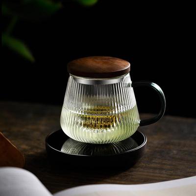 竖纹加厚玻璃杯泡茶杯茶水分离复古木盖玻璃杯带把三件杯家用
