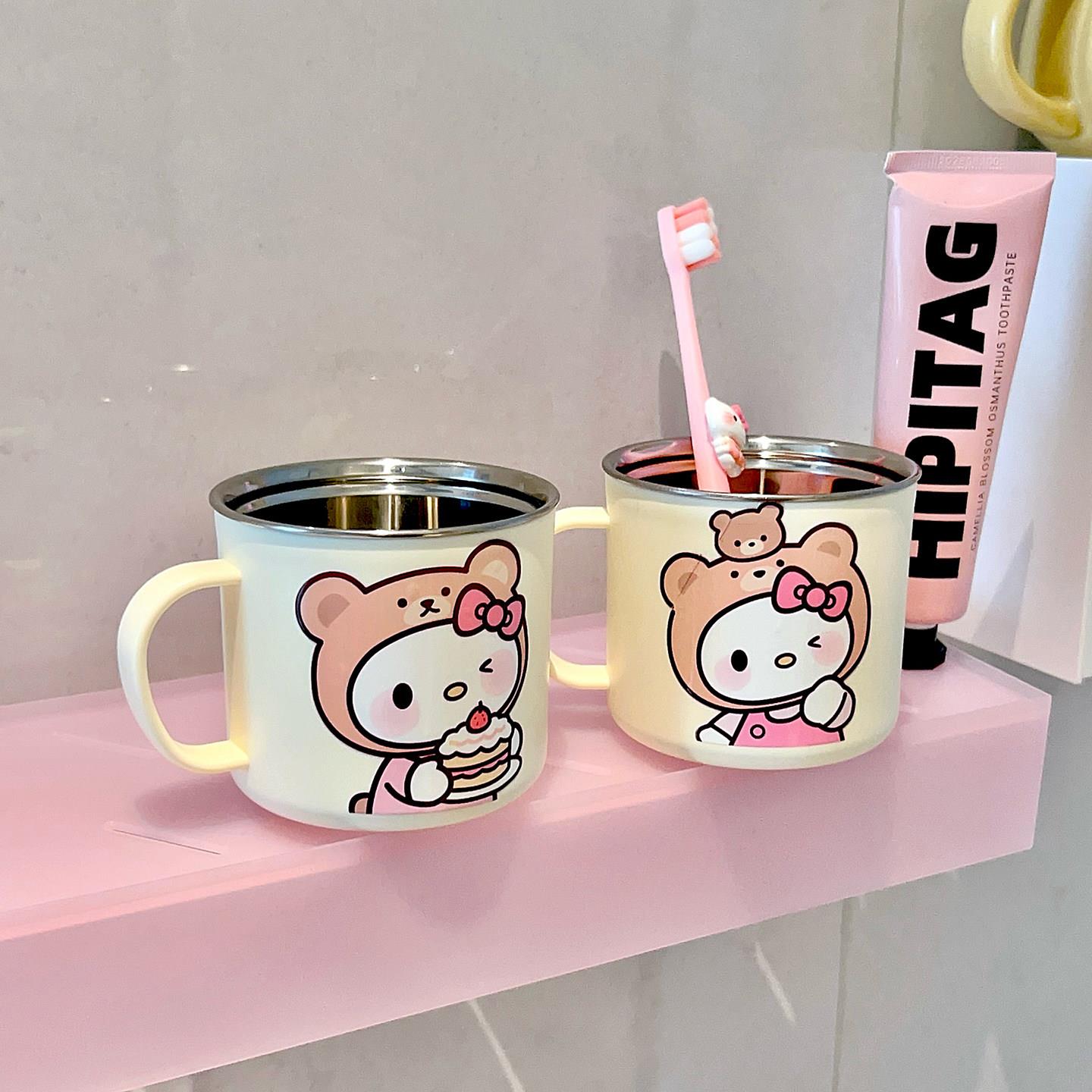 可爱猫咪带把水杯304不锈钢300ml漱口杯儿童牛奶杯早餐果汁豆浆杯