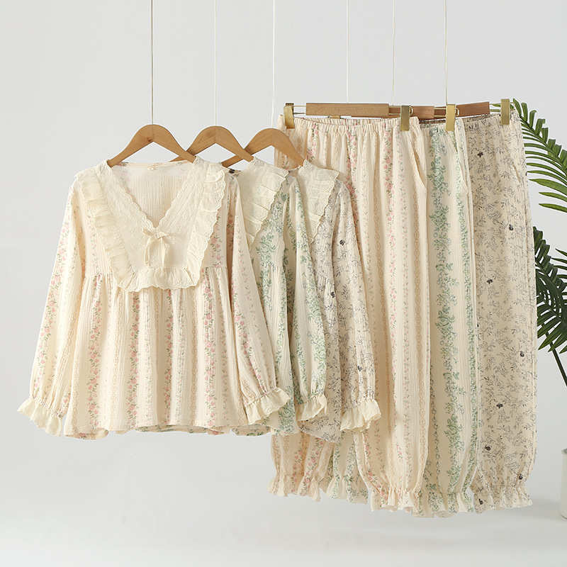 睡衣女秋季纯棉套头圆领蕾丝花边长袖长裤家居服宽松大码甜美