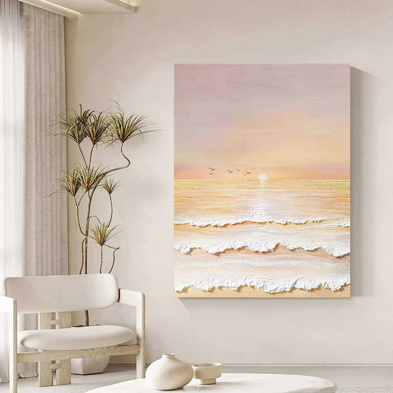 奶油风肌理画手绘油画风景沙滩日出玄关装饰画现代简约客厅挂画