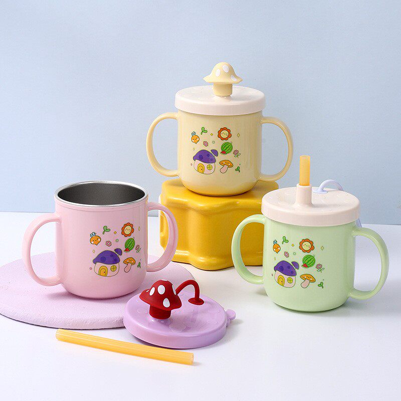 儿童蘑菇屋牛奶杯316不锈钢内胆带刻度300ml家用宝宝吸管杯喝水杯