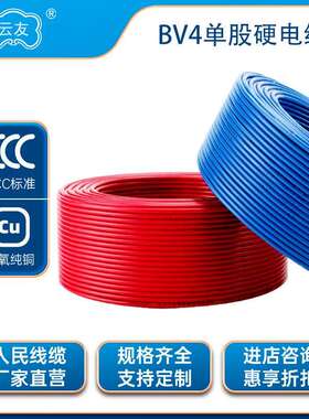 人民线缆BV电线电缆BV4平方铜芯纯铜硬线阻燃单线电源线装修单芯