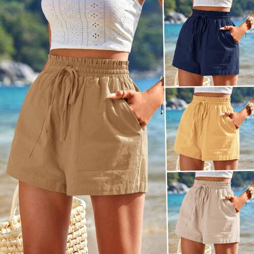Women's linen shorts pocket plus high waisted beach pants