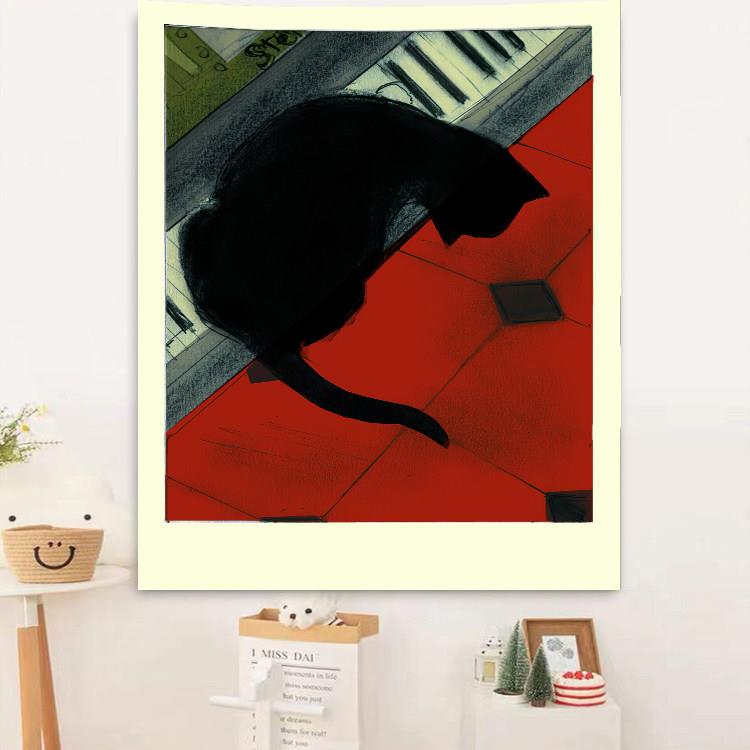 德彪西与黑猫酒吧ins艺术个性插画挂布卧室装饰背景布墙布隔断布