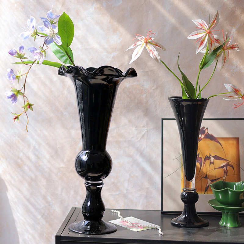 中古芬顿花边琉璃花瓶手工黑色玻璃花瓶水培插花装饰品摆件代发
