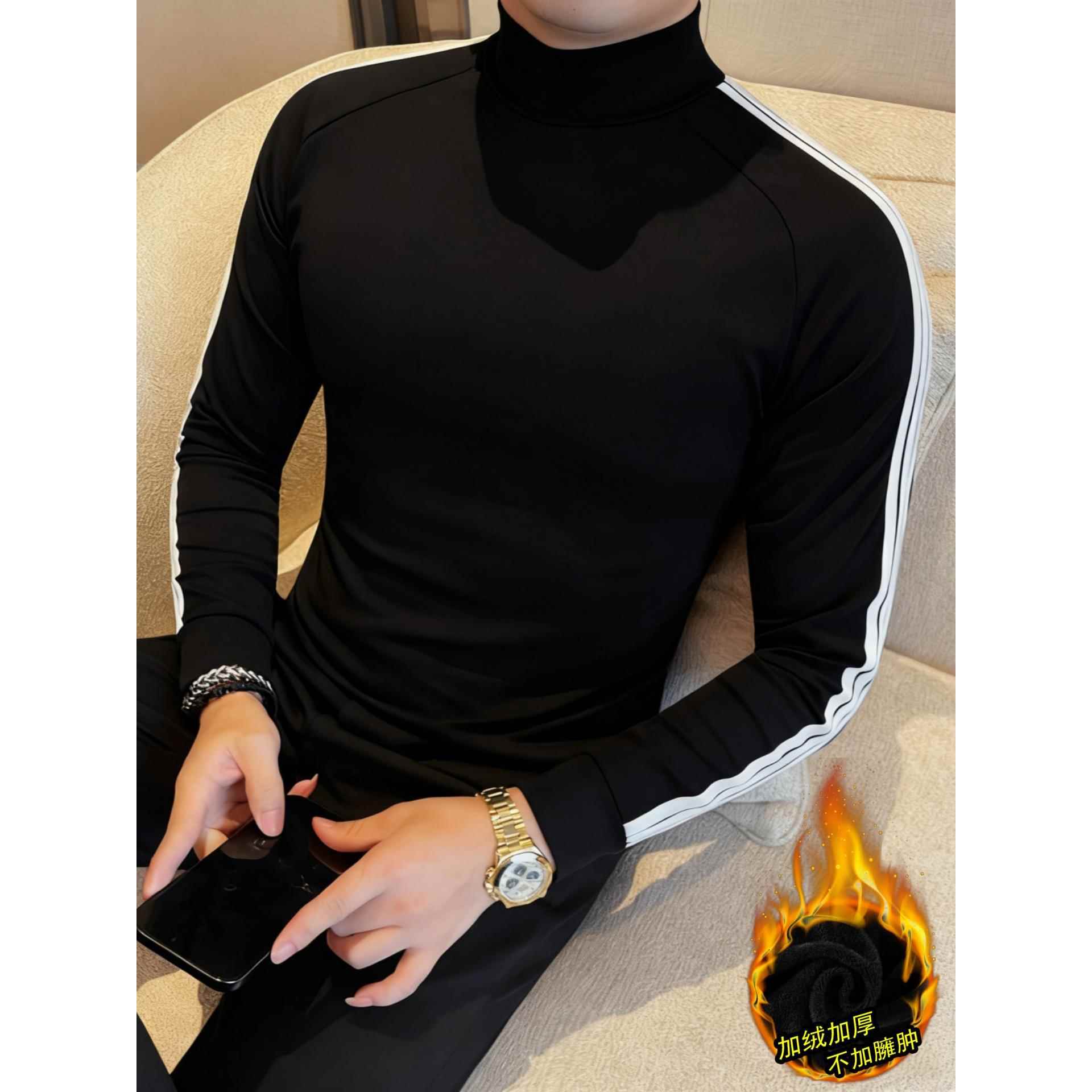 男士高领条纹长袖T恤秋冬新款潮流韩版修身加绒加厚中领打底1208e