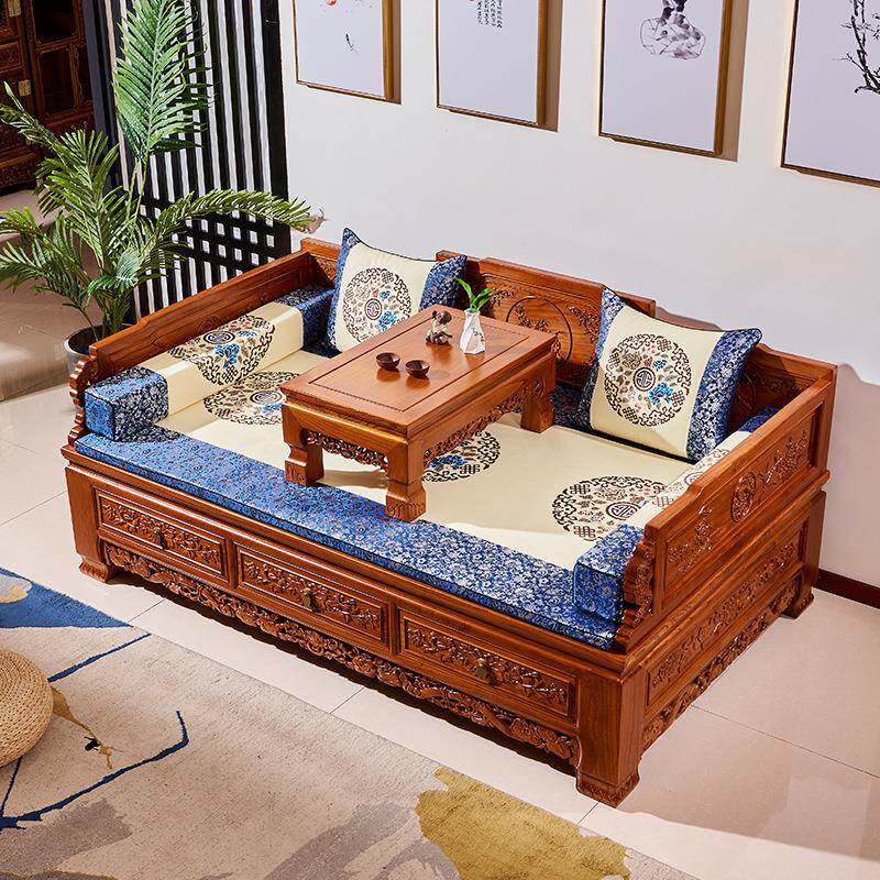 户榆木罗汉床实木新两中式伸缩用推拉床小床型58588客厅储物抽拉