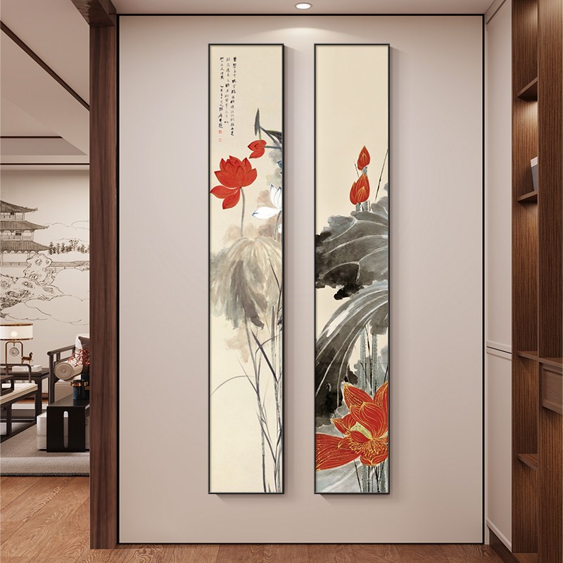 荷花画入户玄关正对门挂画新中式花卉装饰画竖版窄长条茶室组合画