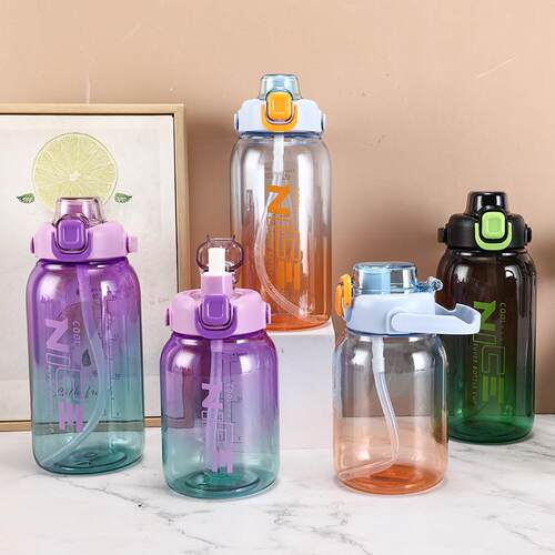 Portable straw-equipped, drop-resistant plastic water bottle