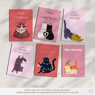 外贸圣诞节趣味猫咪Christmas 带信封手写儿童祝福贺卡片 card套装