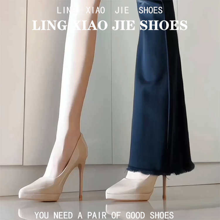裸色漆皮防水台高跟鞋女春秋新款细跟不累脚10cm尖头气质配裙单鞋