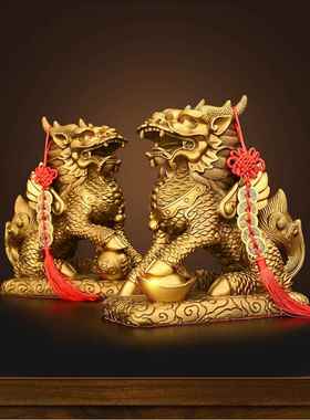 铜麒麟摆件一对铜纯麒麟踩八卦家居客厅办公室门口店铺装饰工艺品