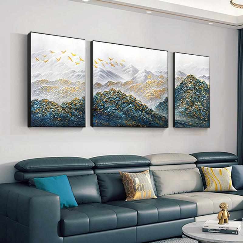 孔雀蓝金山三联画纯手绘油画客厅装饰画沙发背景墙挂画大芬村图片