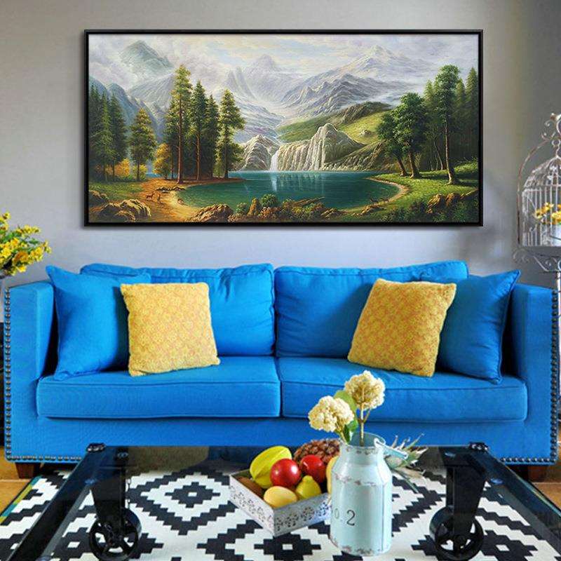 中式客厅装饰画手绘油画挂画鹿客厅壁画玄关装饰画山水画风景